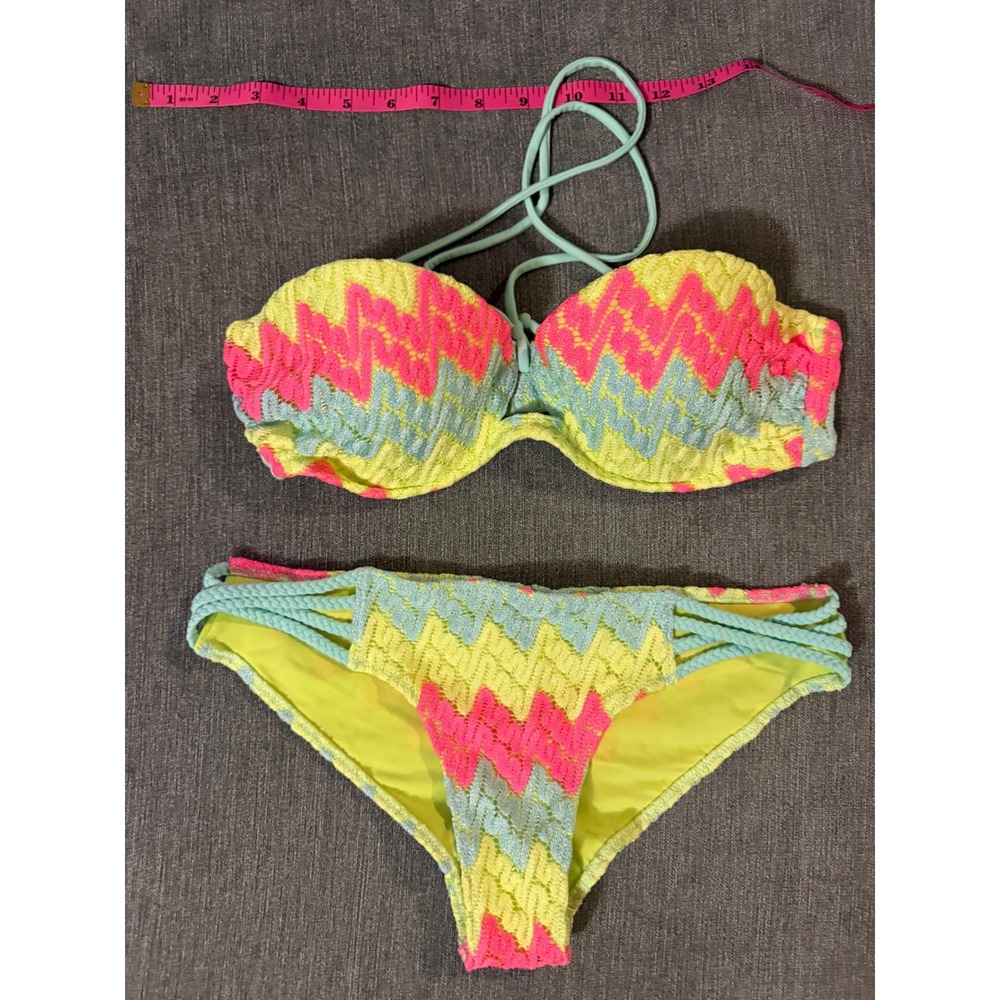 Victoria's Secret Neon Chevron Crochet Bikini Set 34C‎ Small Y2K Coconut Girl
